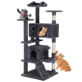 54in Cat tree, indoor cat high-rise multi-story tower, pet playroom with large apartment, dark grey