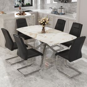 Table and chair set, large modern minimalist rectangular dining table, 0.39 "imitation marble tabletop and silver metal legs