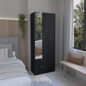 Wardrobe with 3 doors, one with mirror, two drawers, four shelves and hanging bar,Black