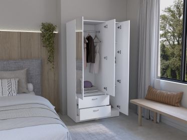 Wardrobe with 3 doors, one with mirror, two drawers, four shelves and hanging bar,White