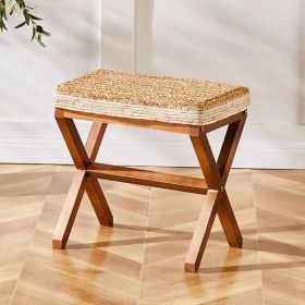 Ottoman Footstool Natural Seagrass Footrest Pouf Ottomans with X Wooden Legs Rectangular Hand Weaving Foot Rest for Living Room Patio Balcony 17 inch