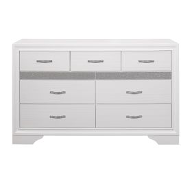 Modern Glam Dresser of 7 Drawers White and Silver Glitter Hidden Jewelry Drawers Ball Bearing Glides Modern Wooden Bedroom Furniture