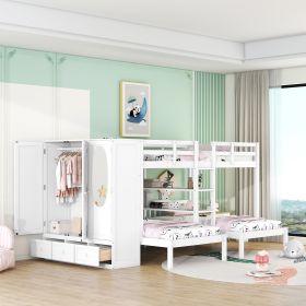 Full-Over-Twin-Twin Bunk Bed with Shelves, Wardrobe and Mirror, White