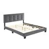 1pc Queen Platform Bed Dark Gray Velvet Upholstered Adjustable Height Headboard Button Tufted Solid Wood Bedroom Furniture