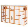 Wooden Cat Enclosure with 6 Jumping Platforms, 2 Cat Condos, Cat Bridge and Scratching Board, Orange