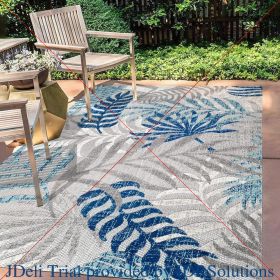 Outdoor Area-Rug 9 X 12, Easy-Cleaning, Palm Leaves Indoor Outdoor Area-Rug (Color: Gray Blue, size: 4 X 6)