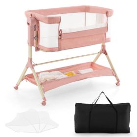 Height Adjustable Bedside Sleeper with Storage Bag and Soft Mattress for Baby (Color: Pink)