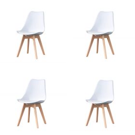 Mid Century Modern Dining Chairs, with Wood Legs, Armless Kitchen Chairs, Shell Lounge Plastic Side Chair with Soft Padded Kitchen, Dining Room (Color: White, Quantity: 4)