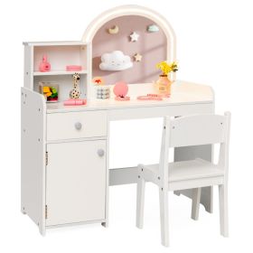 Kids Vanity Table and Chair Set with Shelves Drawer and Cabinet (Color: White)